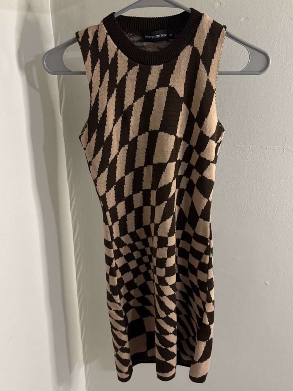 PrettyLittleThing Brown & Cream Distorted Checker Knit Dress
